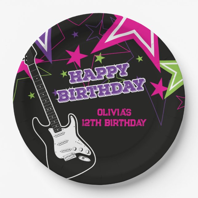 Rock Star Birthday Guitar Stars Pink Purple Paper  Plate (Front)
