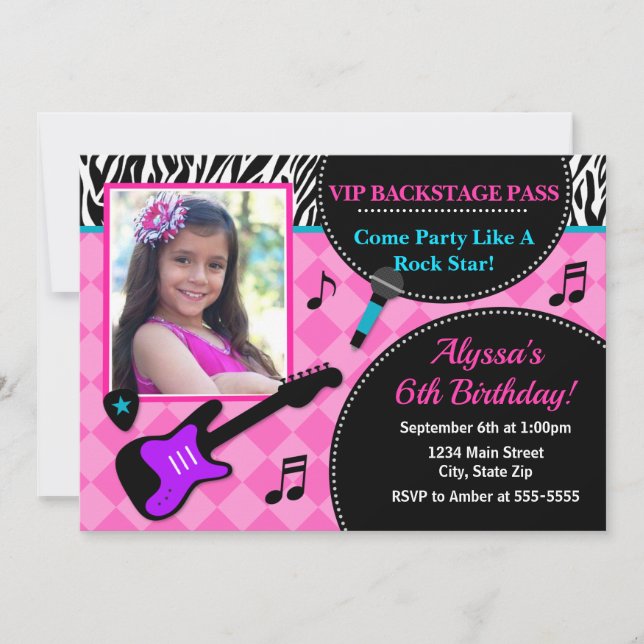 Rock Star Birthday Invitation Pop Star Girl (Front)
