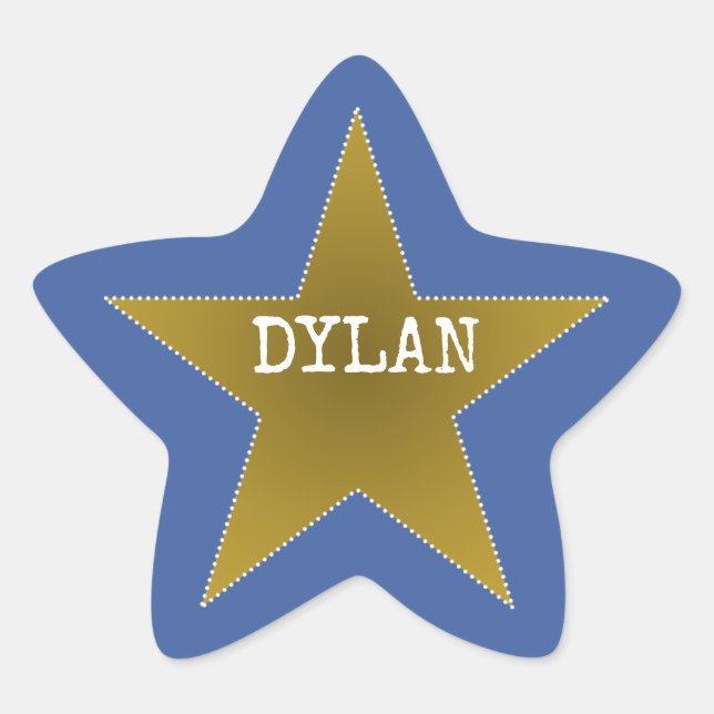 Rock Star Birthday Party Name Stickers Blue Gold (Front)