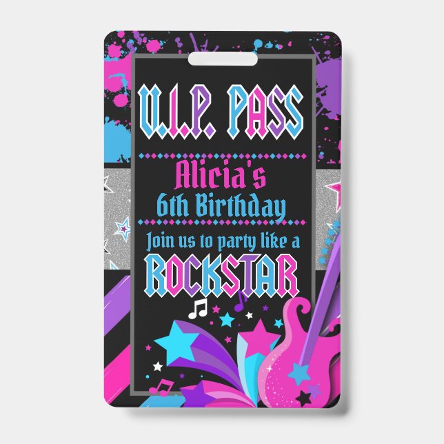 Rock star Birthday Party VIP Pass Invitation Badge ID Badge (Front)
