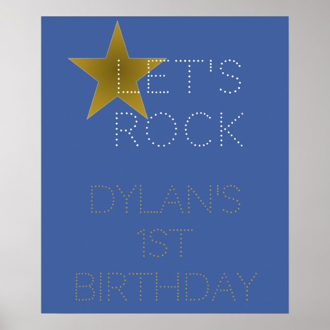 Rock Star Birthday Party Welcome Poster Blue Gold (Front)