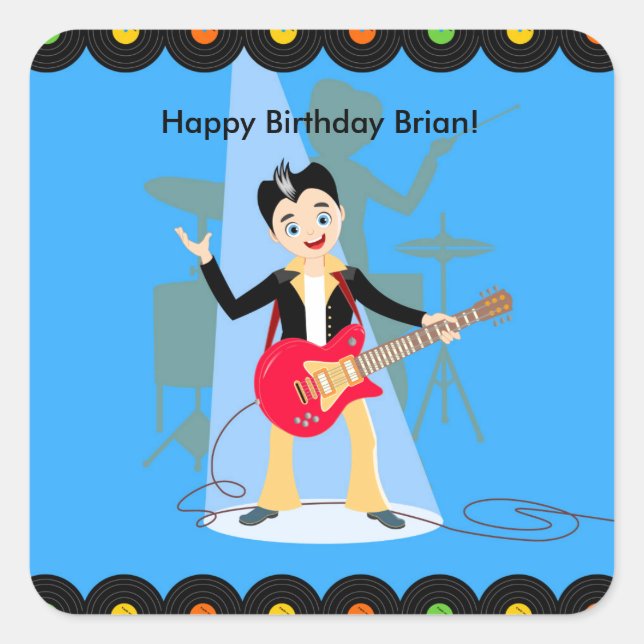 Rock star boy birthday party square sticker (Front)