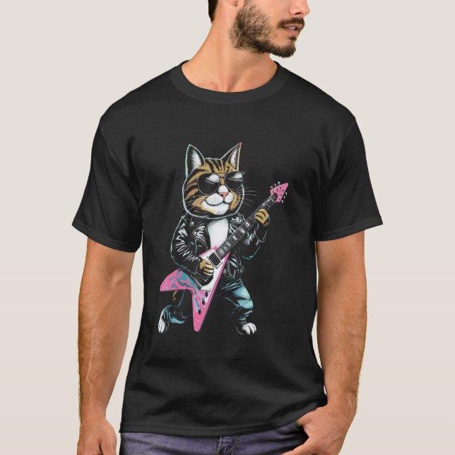 Rock Star Cat Playing Guitar Design T-Shirt (Front)
