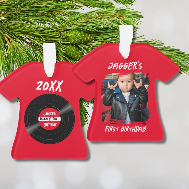 Rock Star First Birthday Vinyl Record Red T-Shirt  Ornament (A unique keepsake photo ornament of baby's first birthday. Rock and Roll style concert t-shirt.)