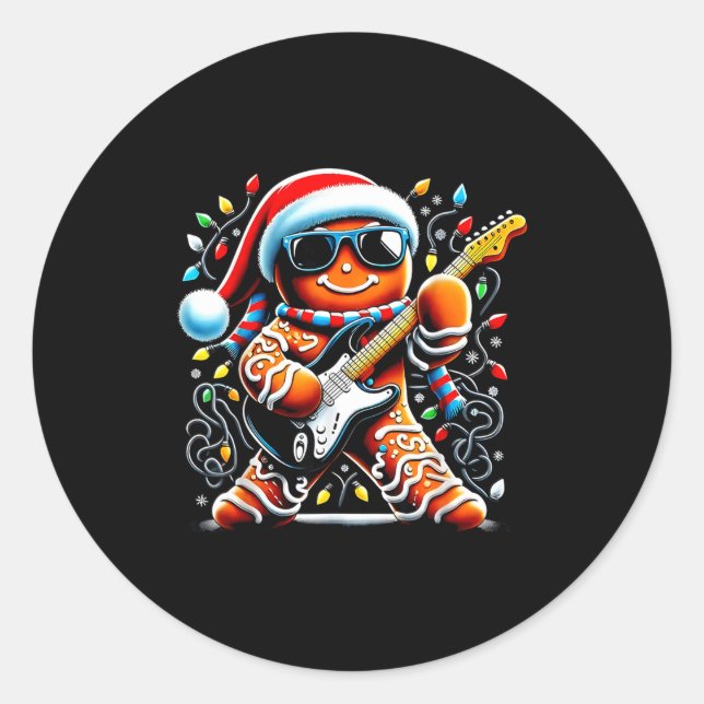 Rock Star Gingerbread Christmas Guitar Lights Men  Classic Round Sticker (Front)