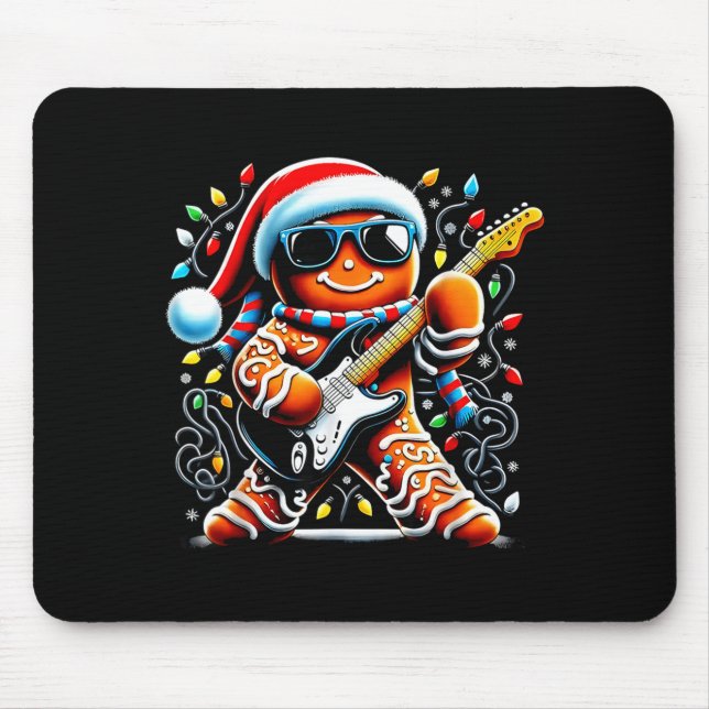 Rock Star Gingerbread Christmas Guitar Lights Men  Mouse Mat (Front)