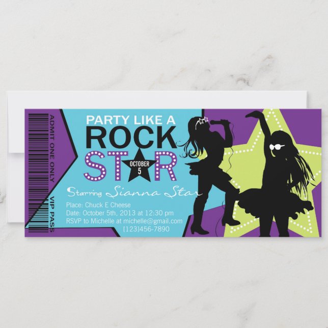 Rock Star Girl Band Birthday Purple Lime Invitation (Front)