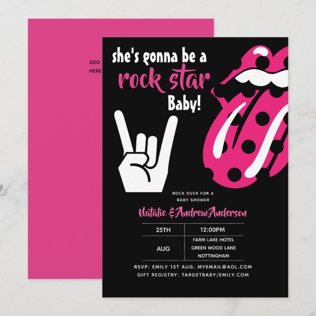 ROCK STAR Girls Baby Shower Hot Pink Modern Music Invitation (Front/Back)