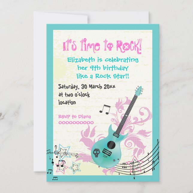 Rock star girly electric guitar birthday invitation (Front)