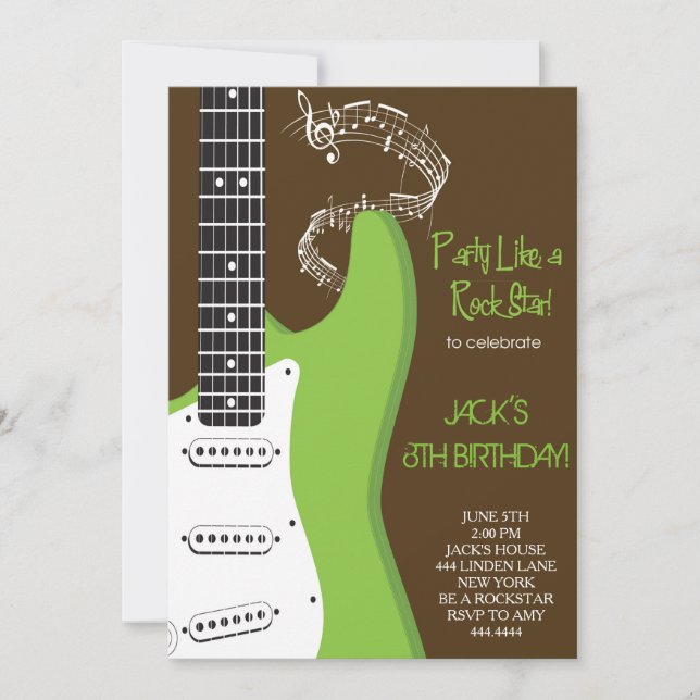 Rock star Green guitar birthday party invitations (Front)