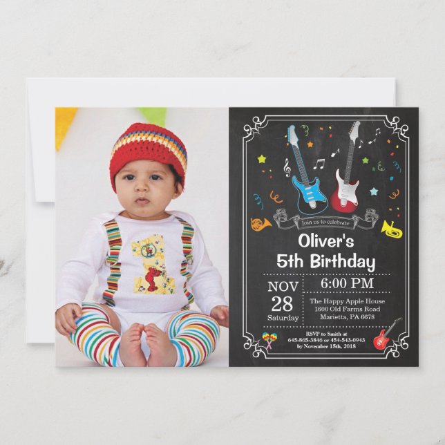 Rock Star Guitar Birthday Invitation Music Boy (Front)