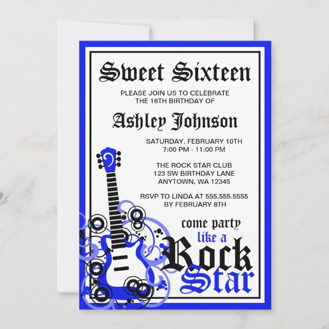 Rock Star Guitar Sweet 16 Birthday Party Blue Invitation (Front)