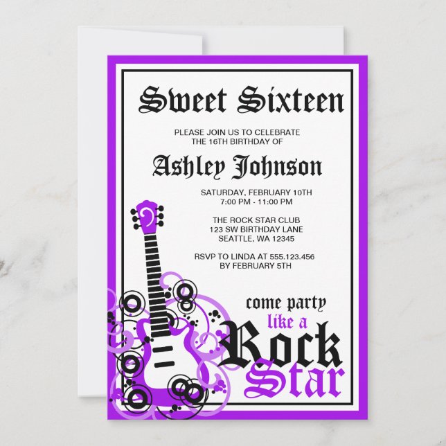 Rock Star Guitar Sweet 16 Birthday Party Purple Invitation (Front)