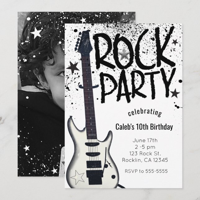 Rock Star Party Guitar Birthday Photo Invitations (Front/Back)