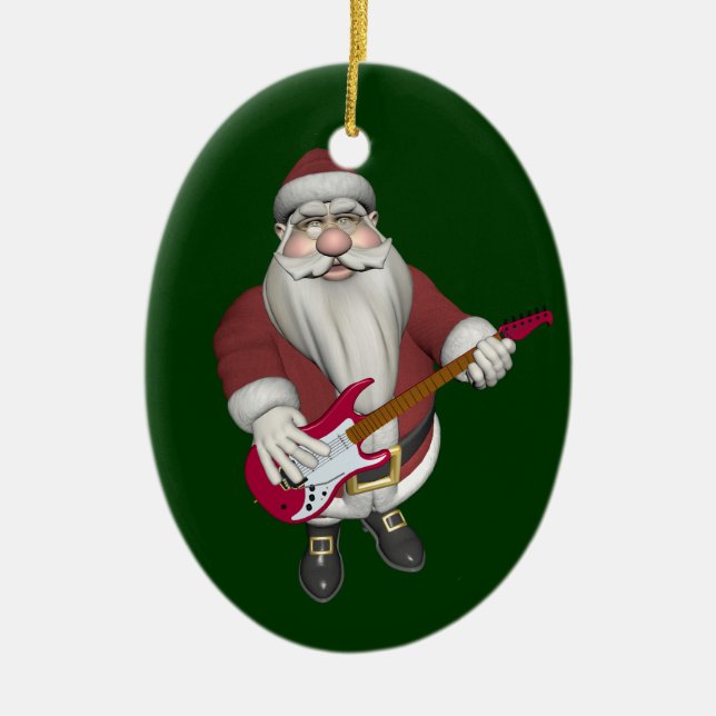 Rock Star Santa With Red Electric Guitar Ceramic Tree Decoration (Front)