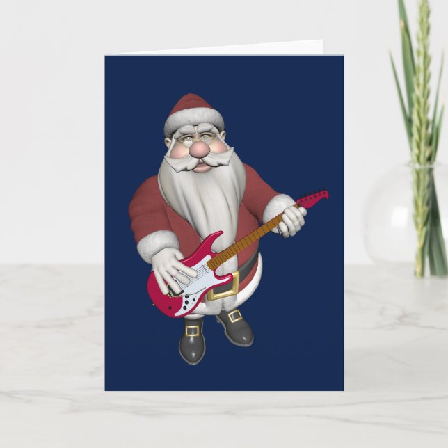 Rock Star Santa With Red Electric Guitar Holiday Card (Front)
