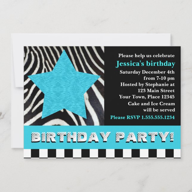 Rock Star Zebra Birthday Party - Blue Invitation (Front)