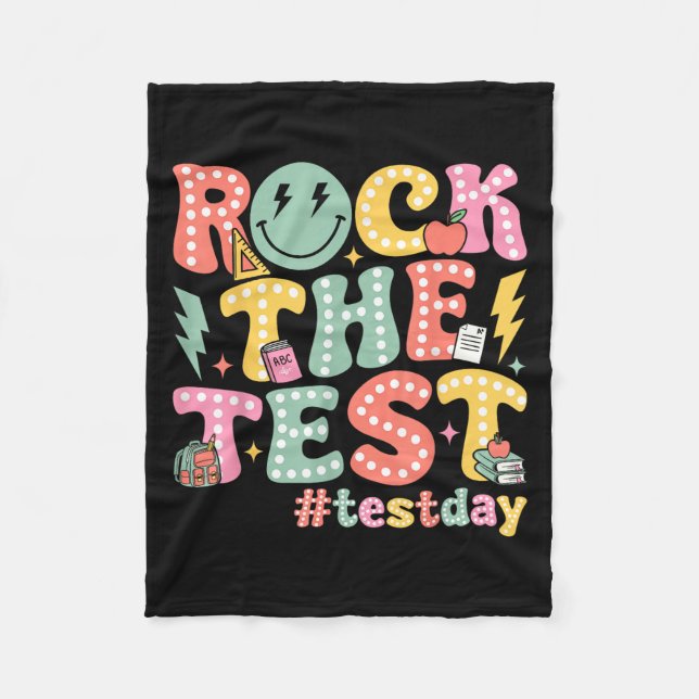 Rock The Test Testing Day Retro Motivational Teach Fleece Blanket (Front)