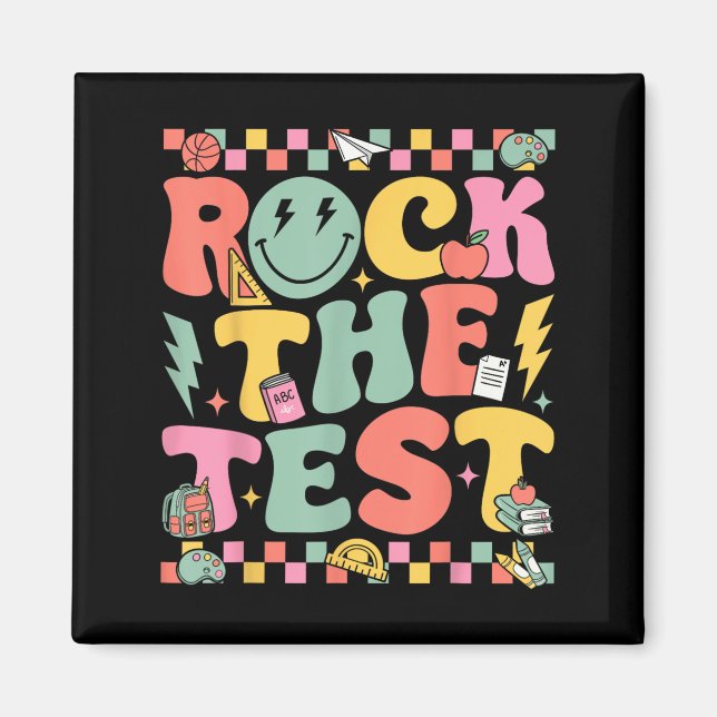 Rock The Test Testing Day Retro Motivational Teach Magnet (Front)