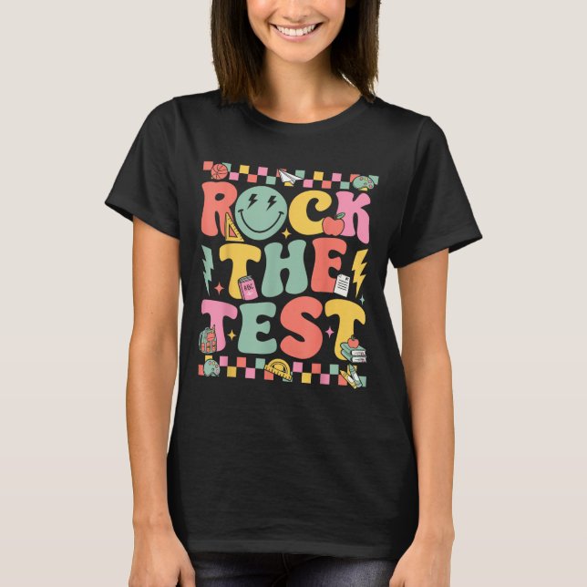 Rock The Test Testing Day Retro Motivational Teach T-Shirt (Front)