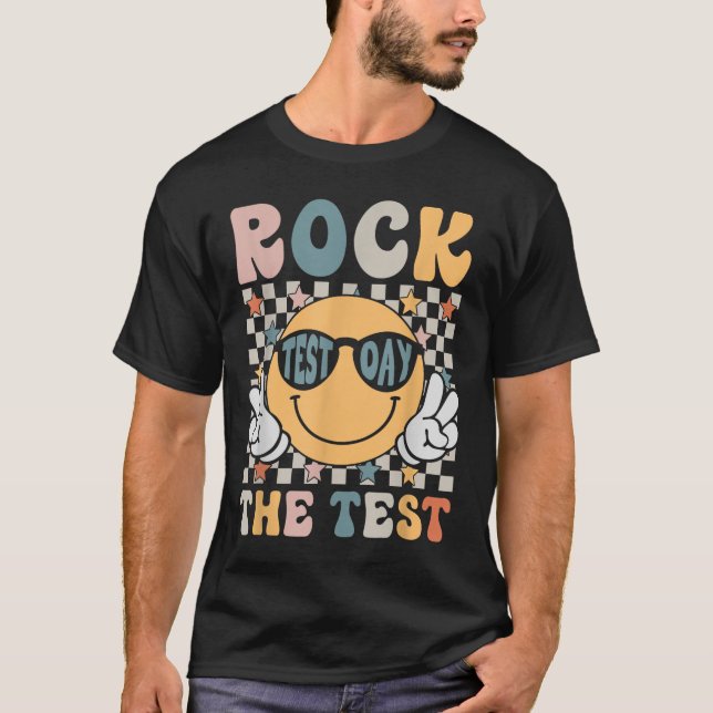 Rock The Test Testing Day Retro Smile Face Teacher T-Shirt (Front)