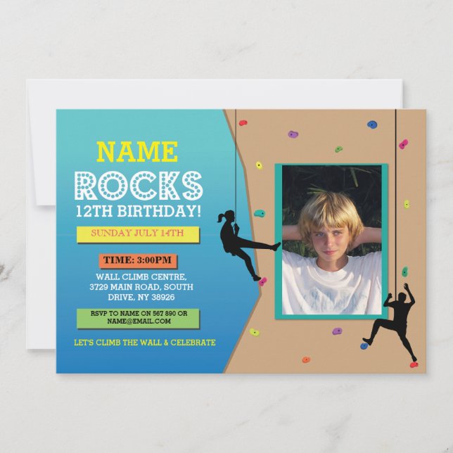 Rock Wall Climbing Birthday Party Photo Invite (Front)