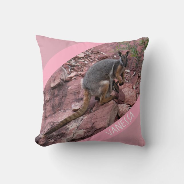 Rock Wallaby and Baby, Pink Accent Girls Cushion (Front)