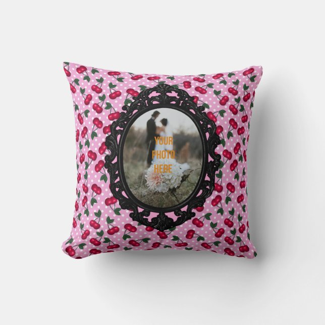 Rockabilly Cherries on Pink Personalise with Photo Cushion (Front)