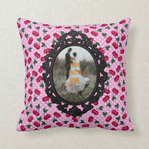 Rockabilly Cherries on Pink Personalize with Photo Cushion