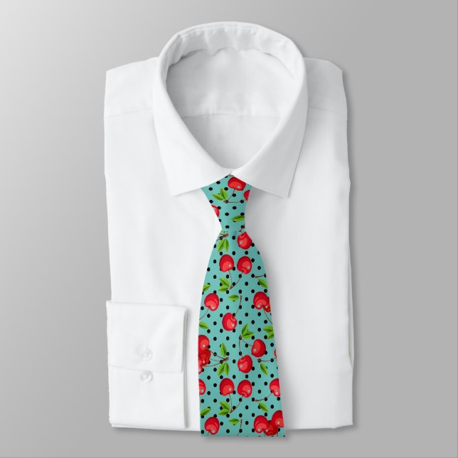 Rockabilly Cherries Polka Dots on Blue Tie (Tied)