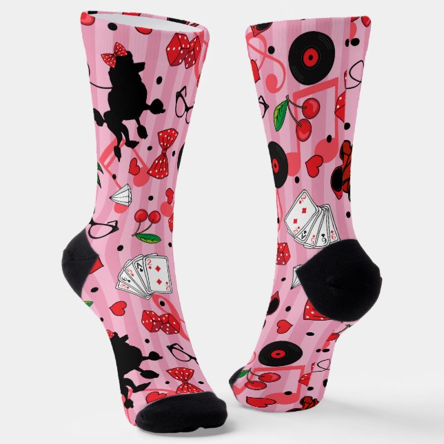 Rockabilly Girly Style Poodle Pattern Pink Socks (Angled)