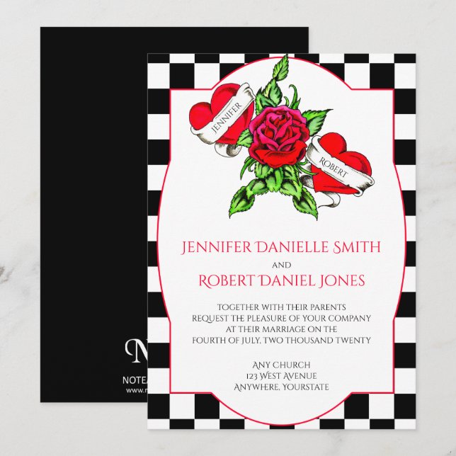 Rockabilly Hearts and Rose Wedding Invitation (Front/Back)