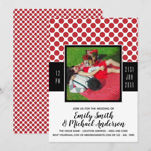 Rockabilly PHOTO Wedding RED Polkadots black Invitation (Front/Back)