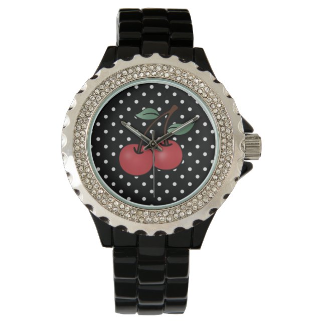 ROCKABILLY POKE DOTS CHERRY WRIST WATCH (Front)
