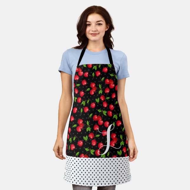 Rockabilly Polka Dots Cherries Black Personalised Apron (Worn)