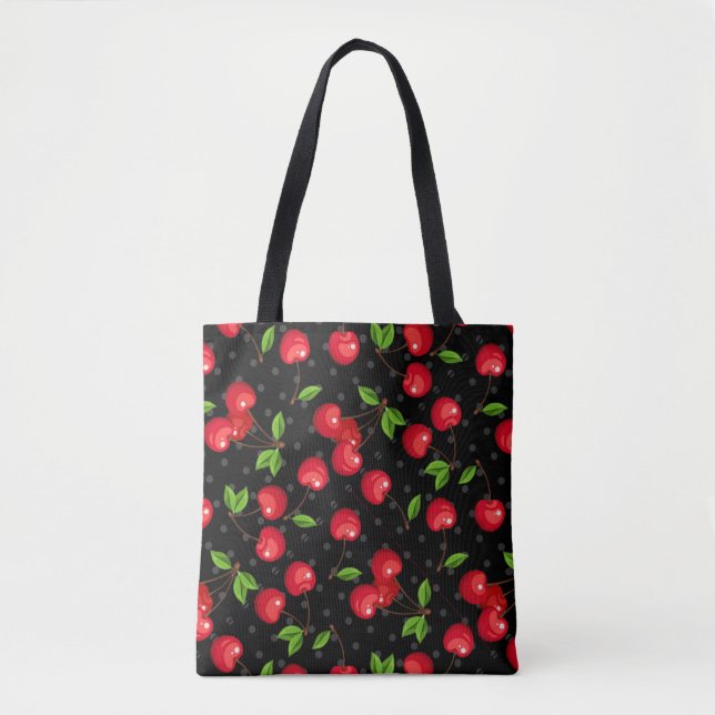 Rockabilly Polka Dots & Cherries on Black Tote Bag (Front)