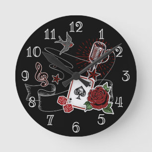 Rockabilly Rock & Roll Music Tattoo Microphone Round Clock
