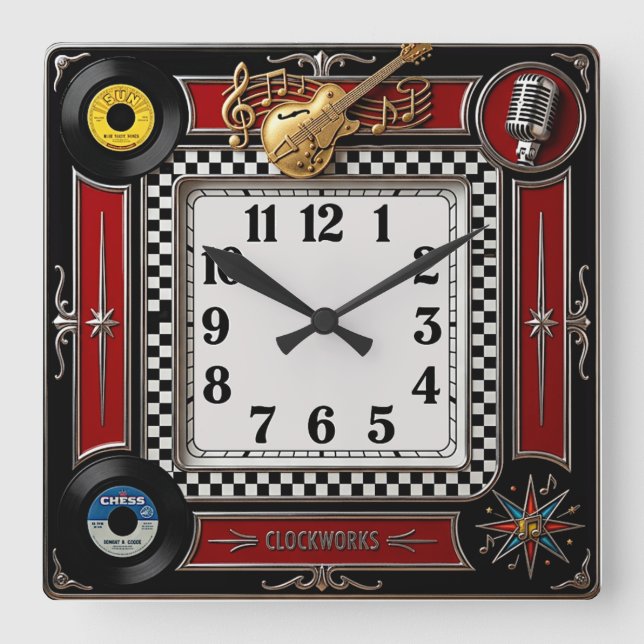 Rockabilly Square Wall Clock (Front)