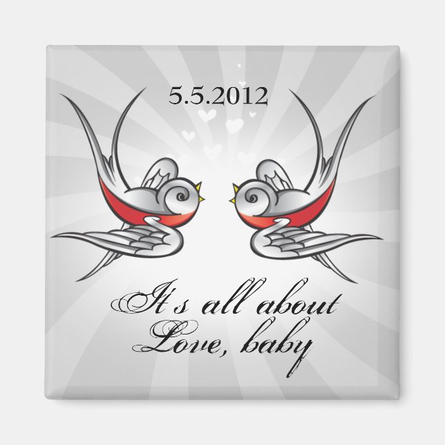 Rockabilly Tattoo Swallows Save the Date Wedding Magnet (Front)