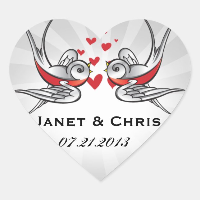 Rockabilly Tattoo Swallows Wedding Save the Date Heart Sticker (Front)