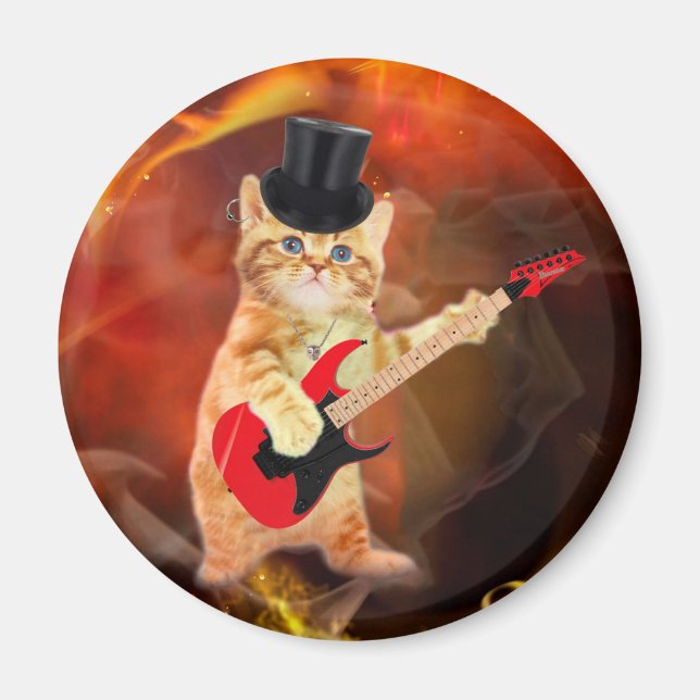 Rocker cat with top hat and guitar magnet (Front)