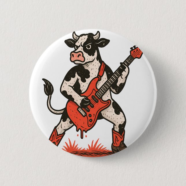 Rocker Cow , Cow Playing Guitar 6 Cm Round Badge (Front)