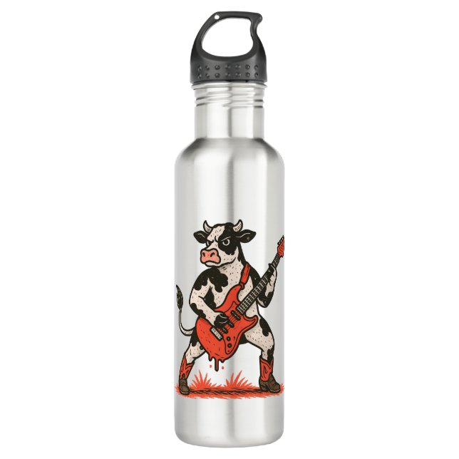 Rocker Cow , Cow Playing Guitar 710 Ml Water Bottle (Front)