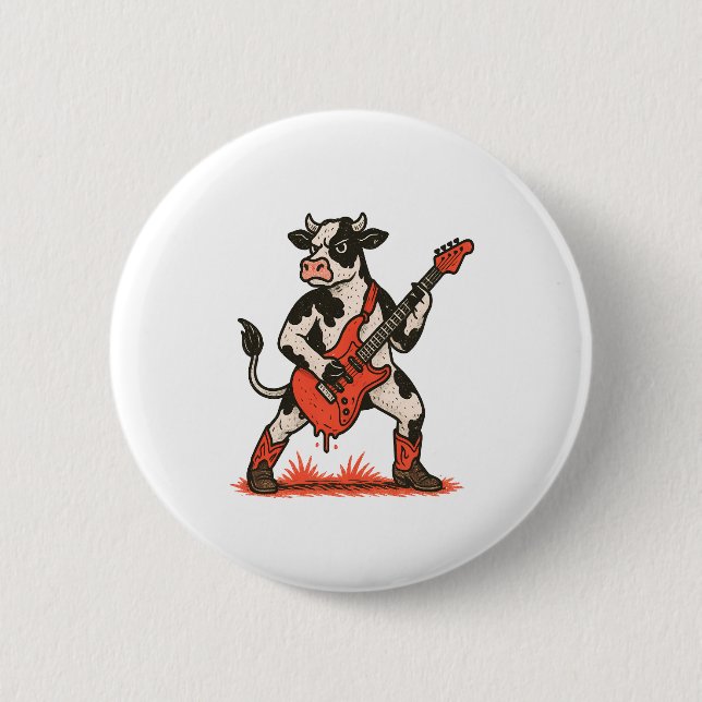 Rocker Cow PNG, Cow Playing Guitar 6 Cm Round Badge (Front)