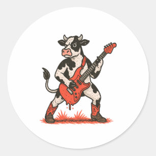 Rocker Cow PNG, Cow Playing Guitar Classic Round Sticker