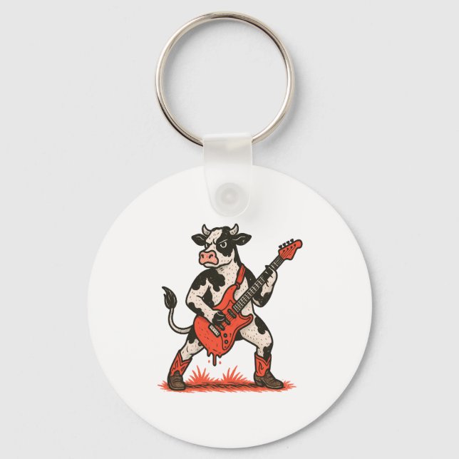 Rocker Cow PNG, Cow Playing Guitar Key Ring (Front)