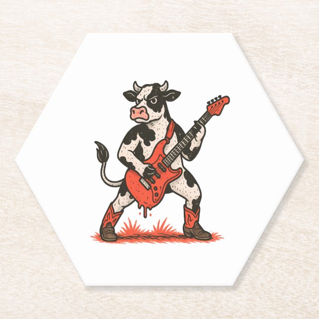 Rocker Cow PNG, Cow Playing Guitar Paper Coaster (Front)