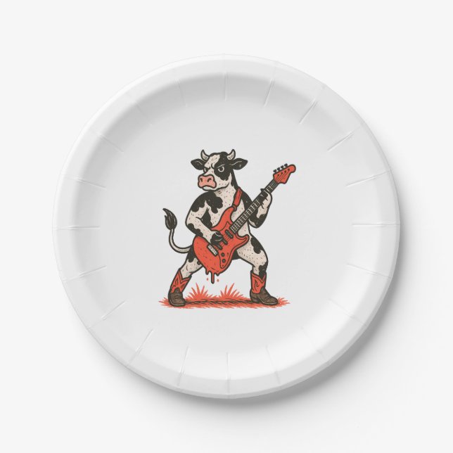 Rocker Cow PNG, Cow Playing Guitar Paper Plate (Front)