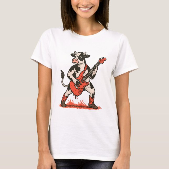 Rocker Cow PNG, Cow Playing Guitar T-Shirt (Front)
