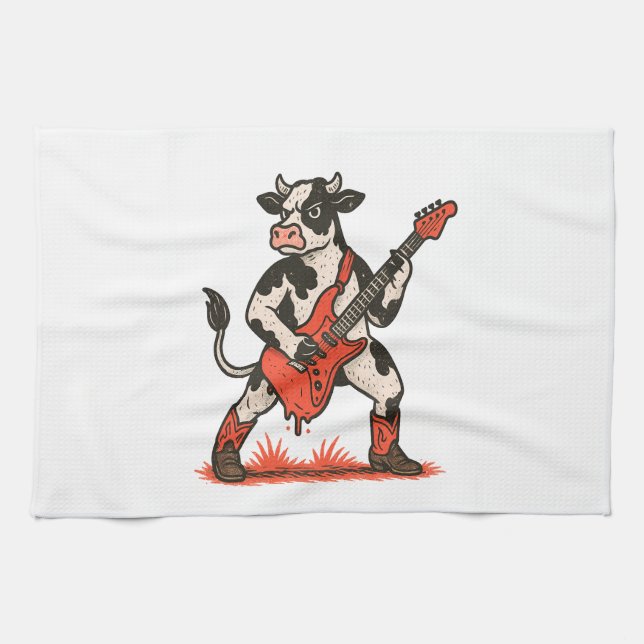 Rocker Cow PNG, Cow Playing Guitar Tea Towel (Horizontal)